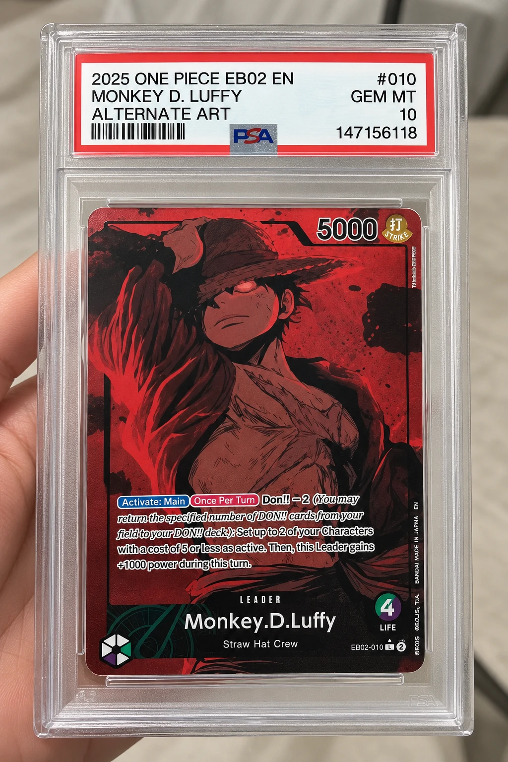 Monkey D. Luffy · PSA 10 · Certificado 147156118 · Imagen retocada con IA para mejorar su presentación.